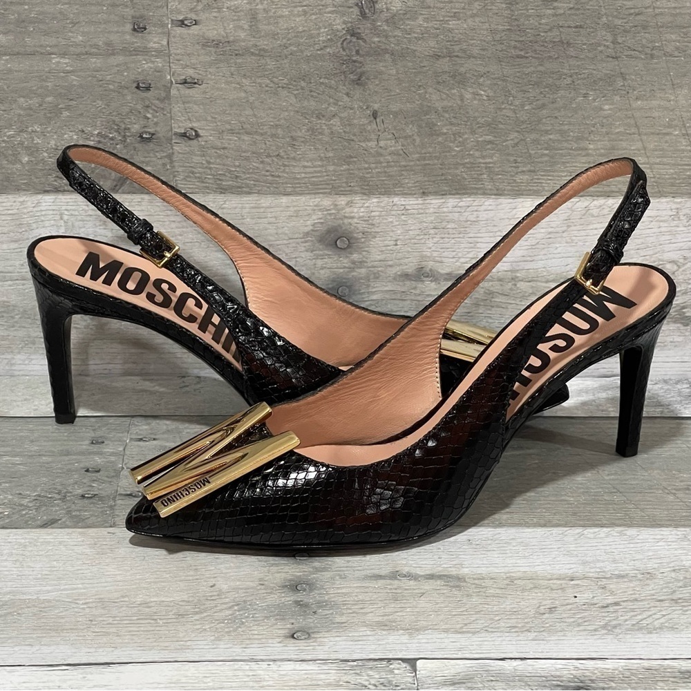 MOSCHINO Snakeskin Embosses Leather Slingback Pump in Black - Sz - 7 .US/37 .EU